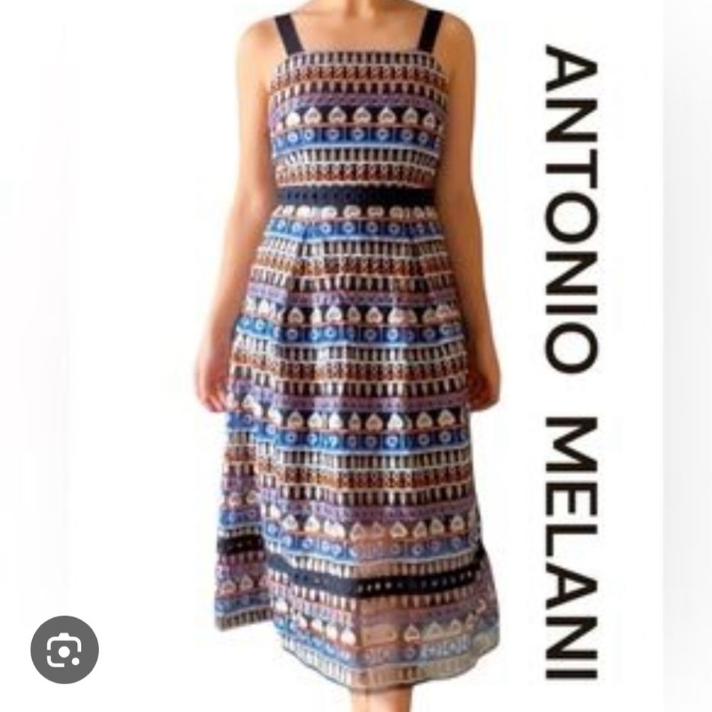 ANTONIO MELANI embroidery Strap Midi‎ Dress in Blue, Black and Brown